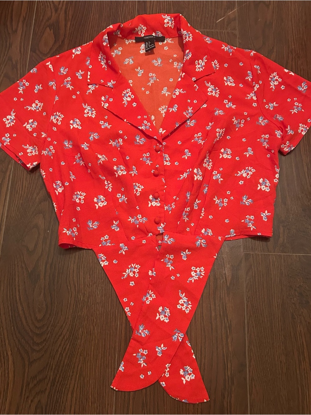 Forever 21 Red Floral Button-Front Tie Crop Top